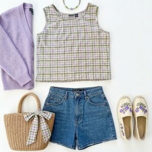 Cottagecore XL Seersucker Plaid Fairycore Pastel Sage Green Lavender Grandmacore